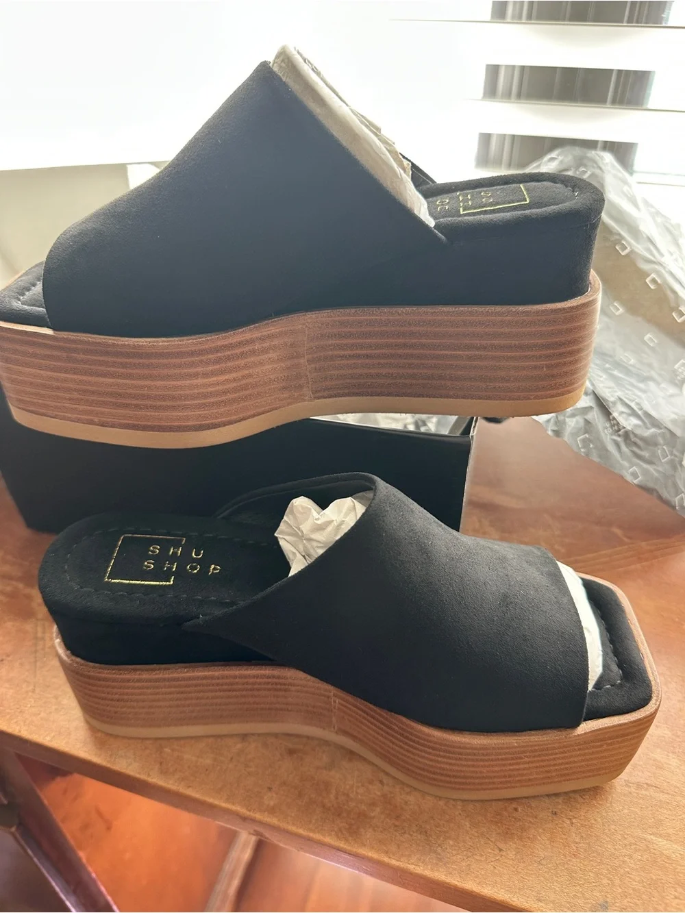 ShuShop Black Platform Slide with Brown Stacked Sole